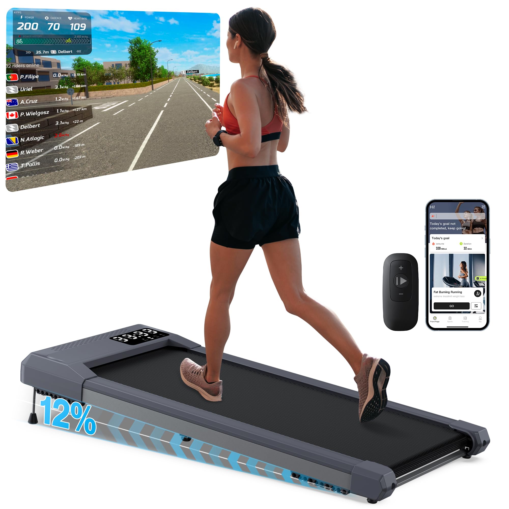 WELLFIT Under-Desk Walking Pad Treadmill with Incline — 320LBS, App & Remote