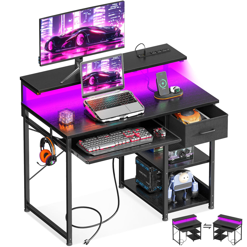 AODK 40" Gaming Desk with LED Lights & Power Outlet — Keyboard Tray & Monitor Shelf
