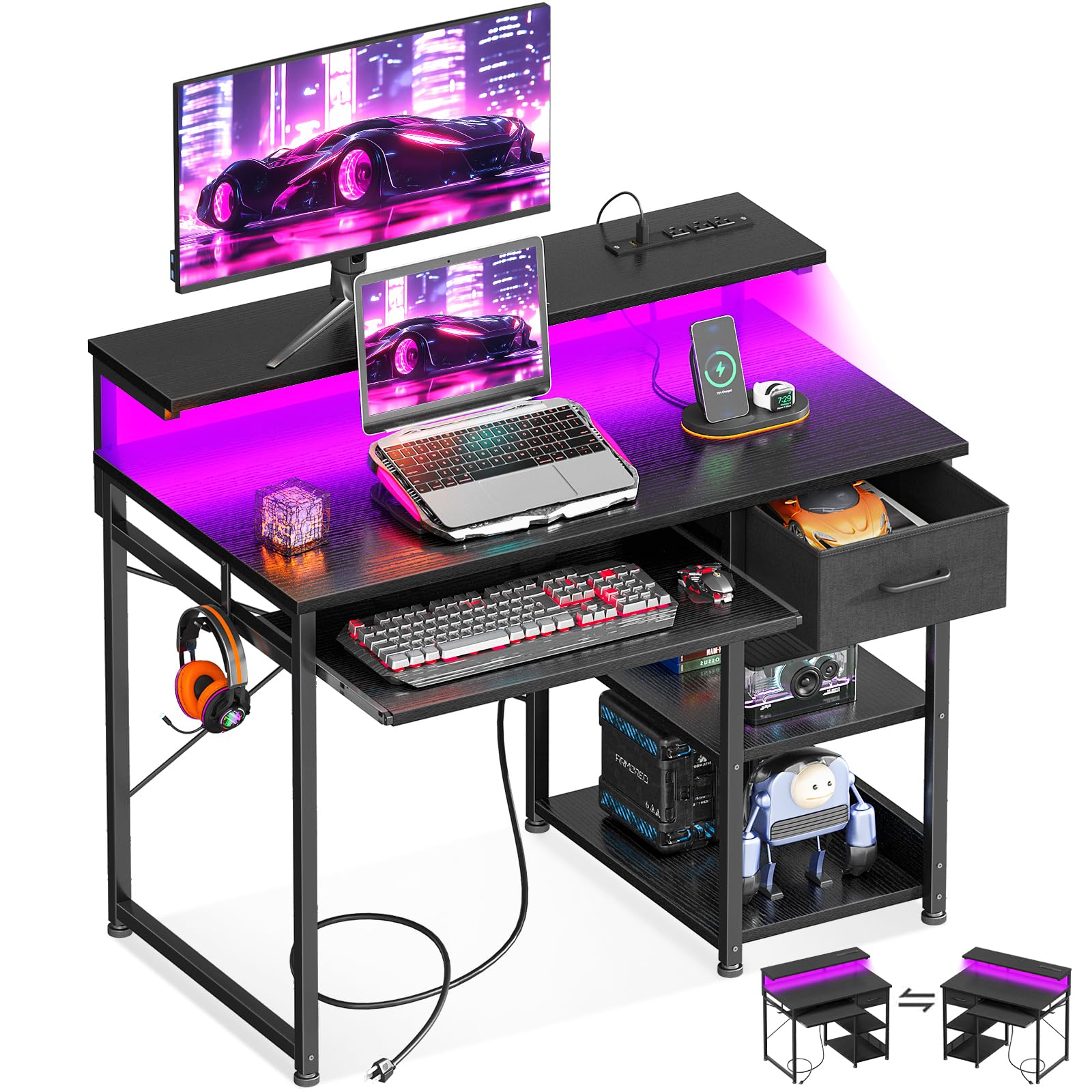 AODK 40" Gaming Desk with LED Lights & Power Outlet — Keyboard Tray & Monitor Shelf