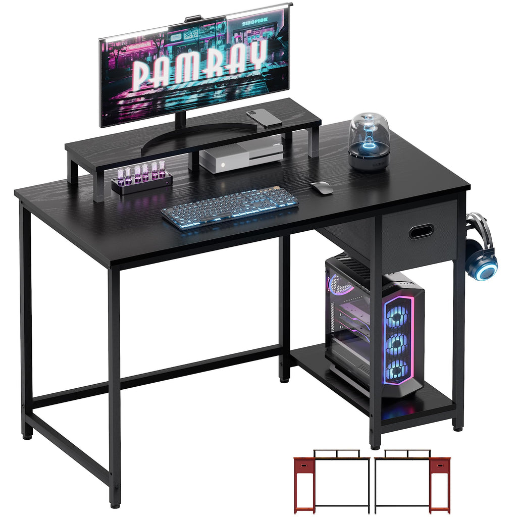 Pamray 39" Home Office Desk with Monitor Stand & Storage Drawer — Compact, Black