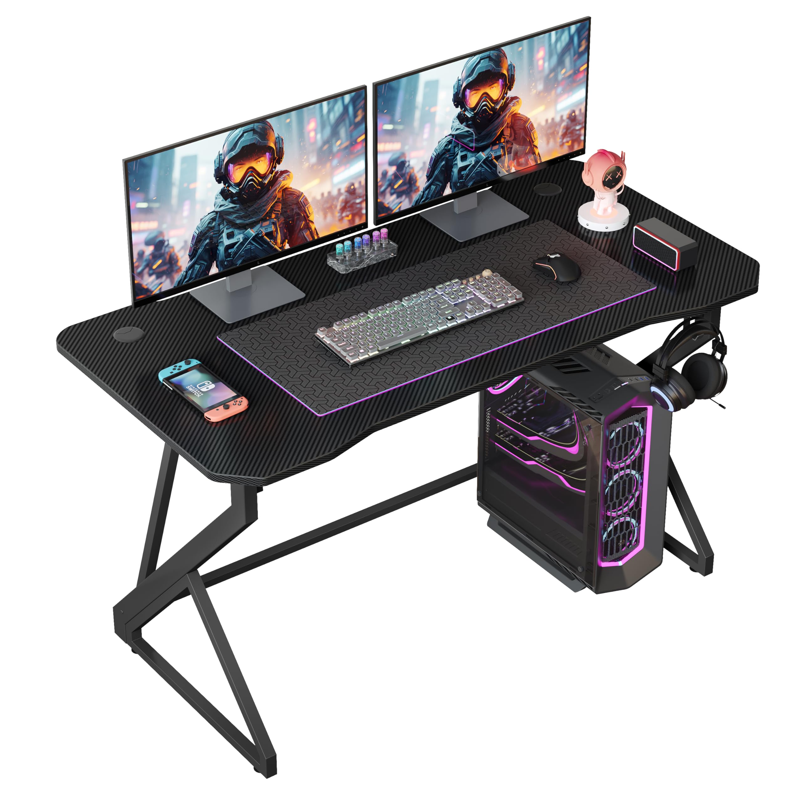 Grandder Z-Shaped 40" Gaming Desk — Carbon Fiber Surface, Headphone Hook
