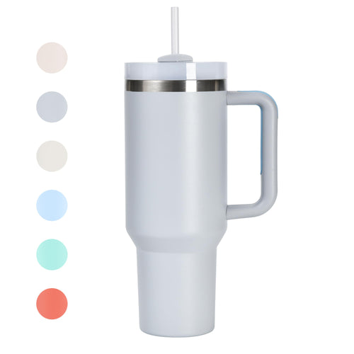 40oz Tumbler with Handle Straw Lid Stainless Steel Vacuum Insulated Water Bottle Adventure Travel Mug Quencher for Iced Coffee Hot and Cold Tea Beverage (40oz Light Grey