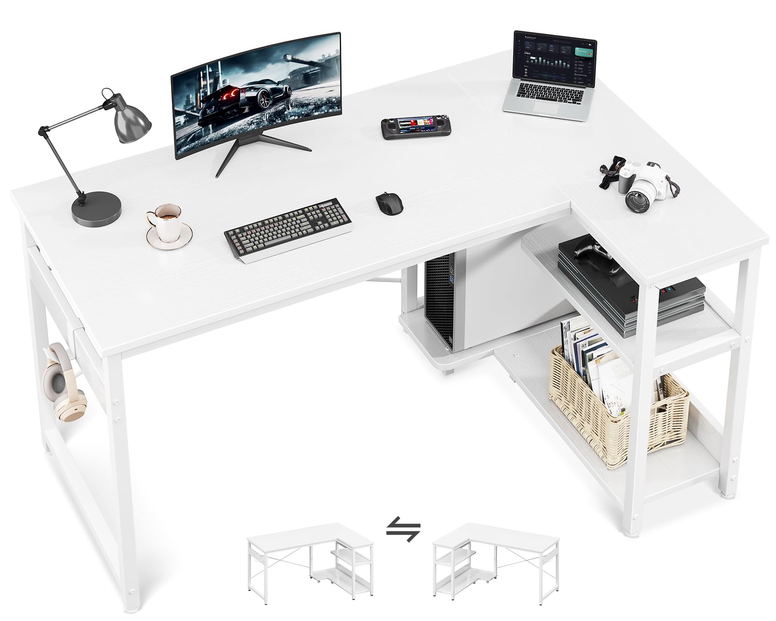 Casaottima 48" L-Shaped Corner Desk — Storage Shelves, PC Stand, Reversible, White