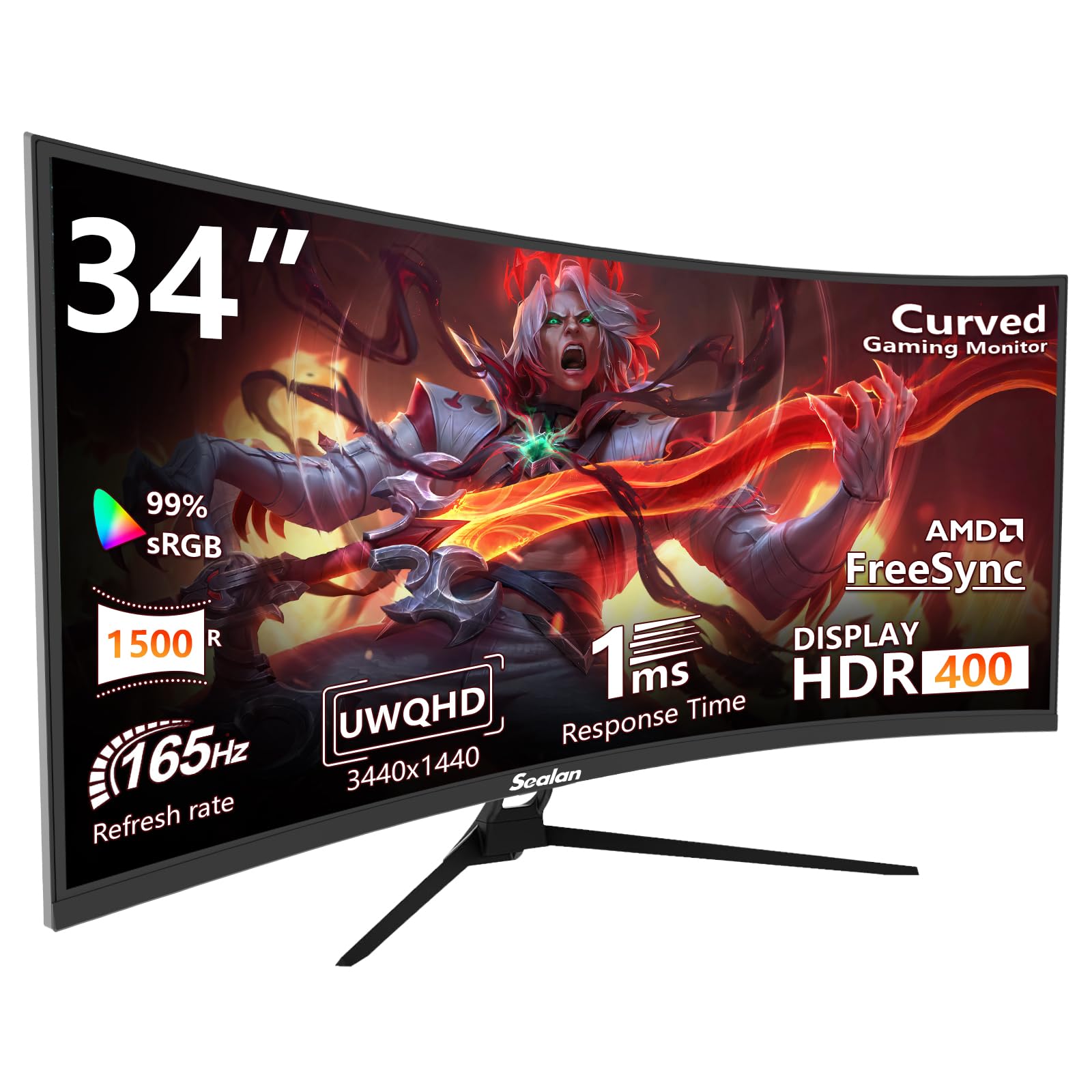 Sealan 34" Ultrawide Curved Gaming Monitor — 165Hz, UWQHD, 1ms, FreeSync, HDR