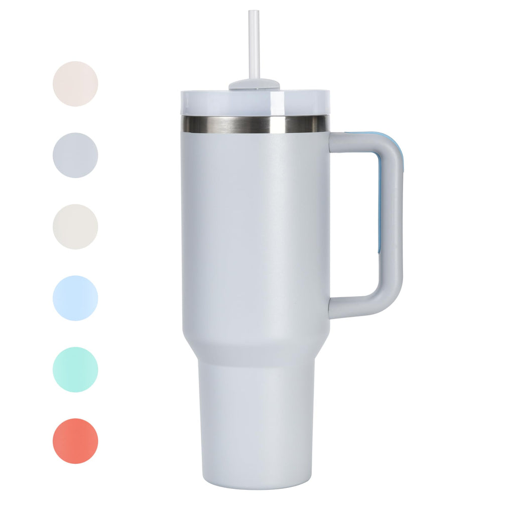 40oz Tumbler with Handle Straw Lid Stainless Steel Vacuum Insulated Water Bottle Adventure Travel Mug Quencher for Iced Coffee Hot and Cold Tea Beverage (40oz Light Grey